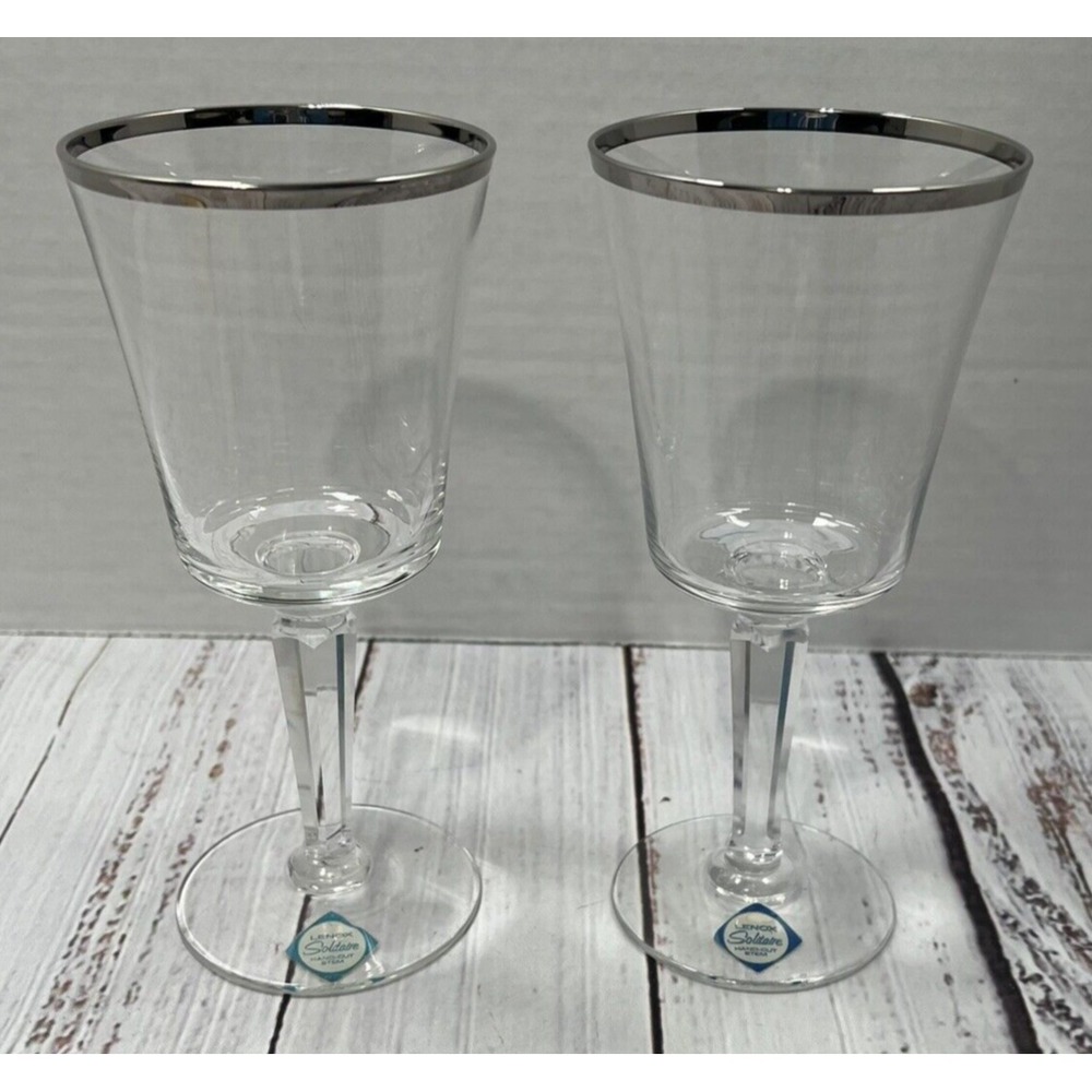Vintage Lenox Solitaire Platinum Trim Wine Glass USA Replacement Set of 2 Clear